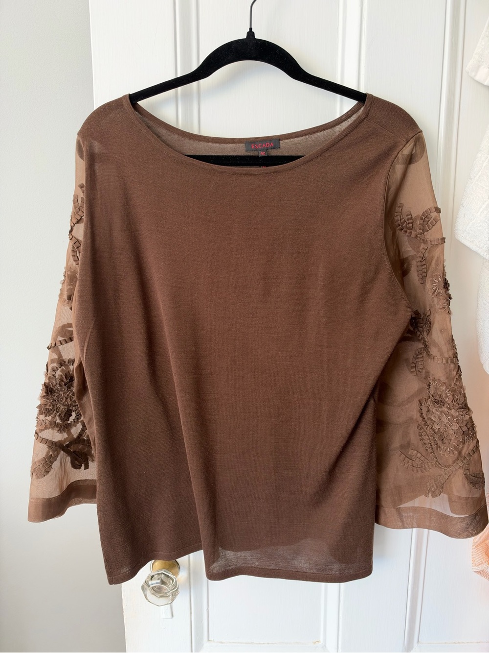 Vintage Escada 100% Silk Top with Brown Sheer Embellished Sleeves Size 42